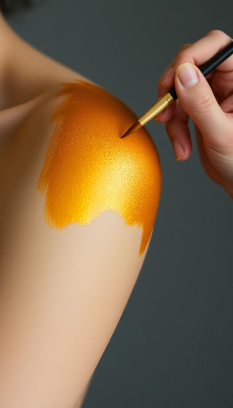 Close-up thumbnail of gold and amber body paint being applied to a model’s shoulder with a fine brush.