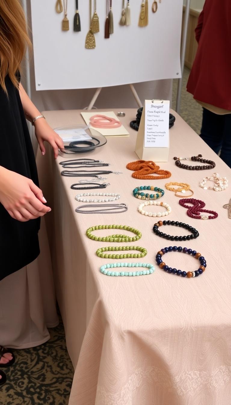 Thumbnail of hands arranging handmade beaded jewelry on a draped table at a craft pop-up booth.