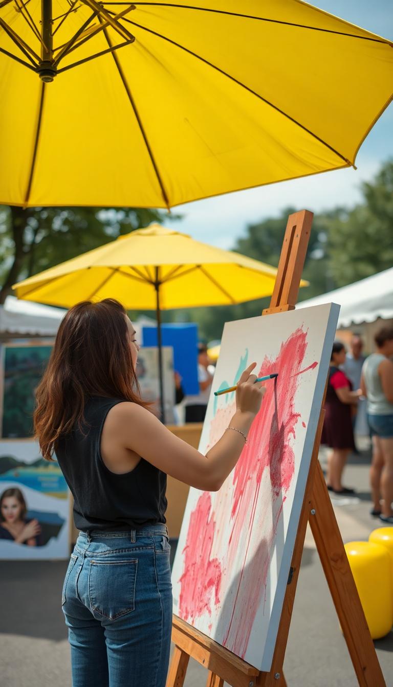 Time-lapse thumbnail of Kayla live-painting a large canvas at an outdoor art market under a bright yellow umbrella.